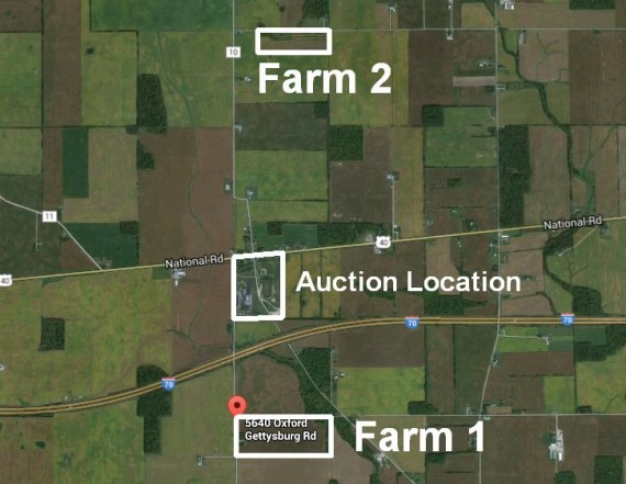 Aerial of both farms and auction location