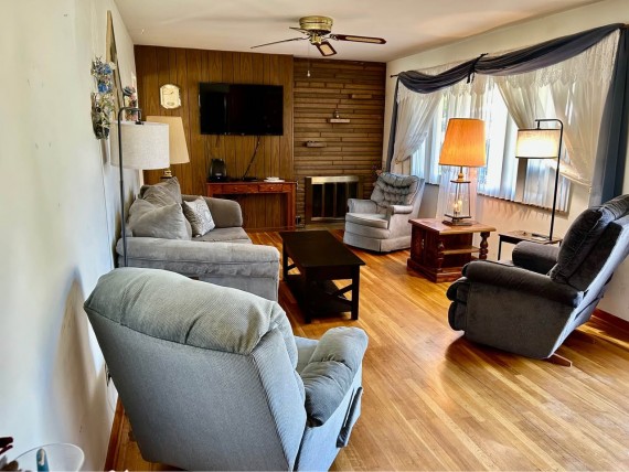 Living Room, Nice Large Front Bay Windows, Cozy Fireplace